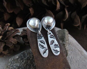 Pearl Stud Earrings, Artisan Silver Earrings, Oxidized Silver Dangles, Boho Nature Jewelry, Pearl Studs with Dangles, Nature Lover Jewelry