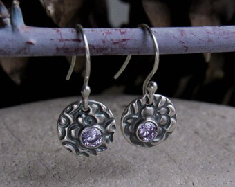 Artisan Silver Dangles, Lavender Earrings, Oxidized Silver Patterned Earrings, Dainty Everyday Earrings,Hypoallergenic Lightweight Earrings