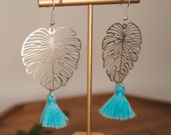 Silver Stainless Steel Monstera Leaf Earrings | Monstera Silver Collection |  boho tassel earrings, bohemian earrings, plant lady earrings