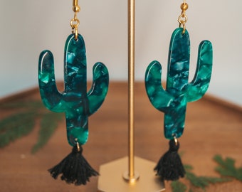 Green Acrylic Cactus Tassel Statement Earrings | Cactus Collection |  boho desert earrings, bohemian earrings, plant lady earrings