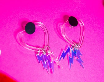 Clear Hearts with Shiny Lightning Bolts | 80s Love Valentines Collection | Acrylic Clear Heart with Lightning Bolts and a Black Stud Earring