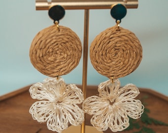 Woven Rattan Floral Stud Statement Earrings | Rattan Collection |  Lightweight Wicker bohemian woven earrings, plant lady earrings