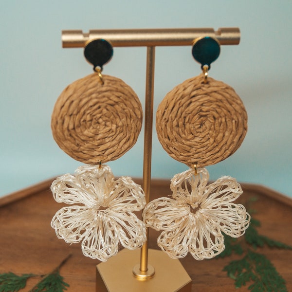 Woven Rattan Floral Stud Statement Earrings | Rattan Collection |  Lightweight Wicker bohemian woven earrings, plant lady earrings