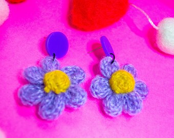 Purple Crochet Daisy Flower | 80s Love Valentines Collection | Purple Daisy Crochet Flower Acrylic Purple Earrings Push Back Studs