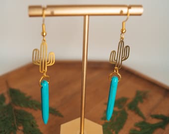 Brass Cactus Turquoise Statement Earrings | Cactus Collection |  boho turquoise desert earrings, bohemian earrings, plant lady earrings