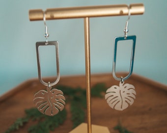 Silver Stainless Steel Monstera Leaf Arch Earrings | Monstera Silver Collection |  boho earrings, bohemian earrings, plant lady modern
