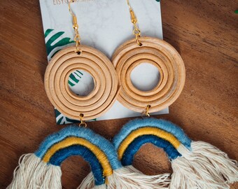 blue macrame rainbow & rattan earrings | Rainbow Collection | Summer boho Earrings, rainbow earrings, bohemian earrings