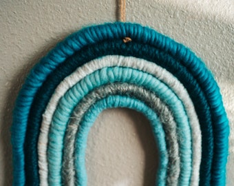 Blue Handmade Macrame Rainbow Wall Hanging | Macrame Yarn Rainbow, Nursery Wall Art, Boho Rainbow Wall Art, Rainbow Wall Decor