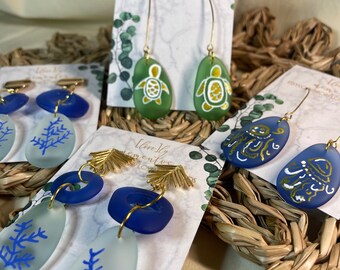 Hand Drawn Sea Glass Earrings | Hand Drawn Turtle, Jellyfish, Coral Sea Glass Boho Earrings | Florida Fall Collection | Sea Glass Earrings