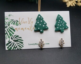 Christmas Polka Dot Trees Polymer Clay Earrings Stud Set | Simple Holiday Collection| with Cubic Zirconia Art Deco Studs and Polka Dot Tree