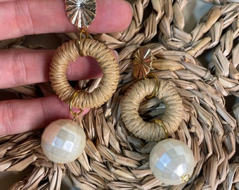 Disco Pearls with Rattan Circle and Gold Earring Post | Pearl Disco Boho Earrings | Florida Fall Collection