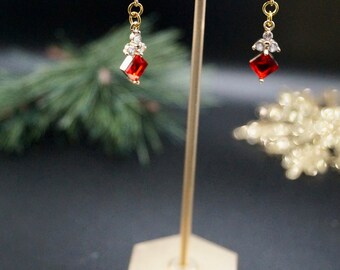 Red Sparkle Cubic Zirconia Dangle Earrings | Simple Holiday Collection | Stainless Steel Stud or Star Opal Stud Option