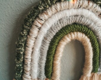 Neutral Green Handmade Macrame Rainbow Wall Hanging | Macrame Yarn Rainbow Wall Decor, Nursery Wall Art, Boho Rainbow Wall Art