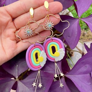 Rainbow Cloud Dangle Earrings | Spring Collection | Dreamy Rainbow Earrings with Stars, Pastel Rainbow and Suns