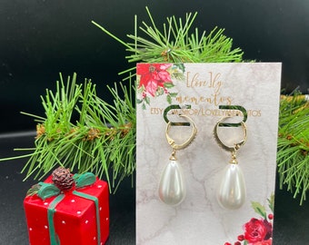 Mother of Pearl Drops with Cubic Zirconia Huggies | Traditional Holiday Collection