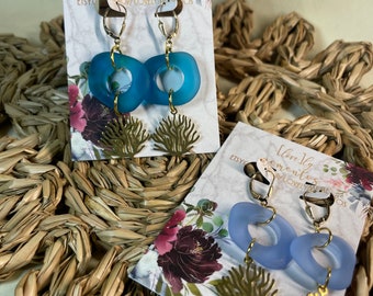 Gold Coral and Blues Sea Glass Earrings | Ocean Sea Glass & Brass Coral Boho Earrings | Florida Fall Collection | Sea Glass Earrings