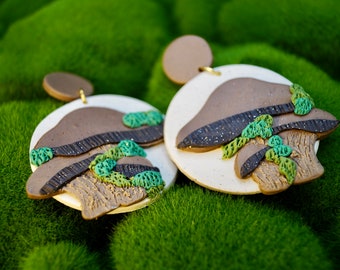 Brown Mushroom Mossy Polymer Clay Earrings | Spring Collection | Brown Mossy Mushroom Plant Earrings with Brown Circle Post