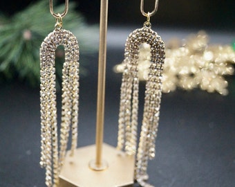 Gold Sparkle Rainbow Cubic Zirconia Dangle Earrings | Simple Holiday Collection | with Long Oval Stud Post