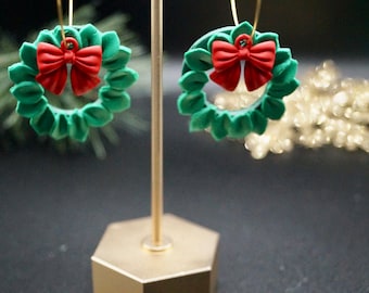 Holiday Wreath Polymer Clay with Red Bow | Simple Holiday Collection | Polymer Clay Green Wreath with Red Bow on a Hoop