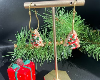 Sugar Cookie Christmas Trees with Red and Green Sprinkles Polymer Clay Earrings | Traditional Holiday Collection| with Brassy Hook Hoops