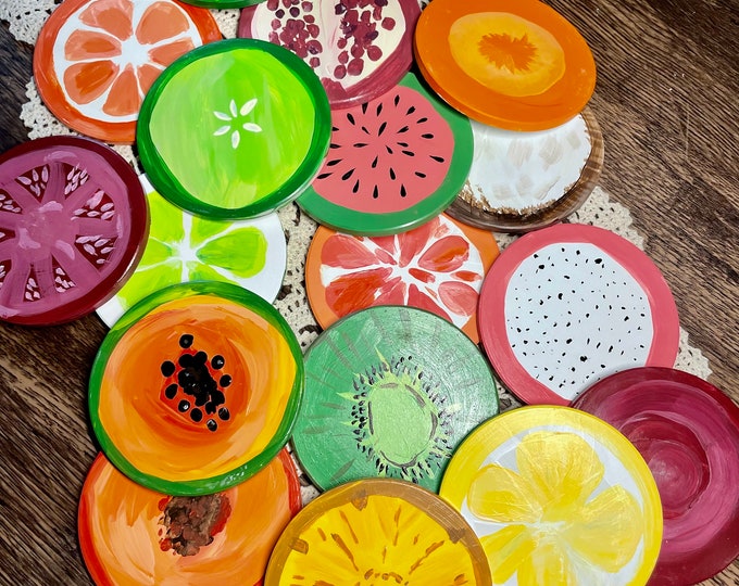 Featured listing image: Handpainted Ceramic Fruit Vegetable Slice Art Coaster | Art Tile, Spoon Rest, Jewelry Dish, Candle Plate