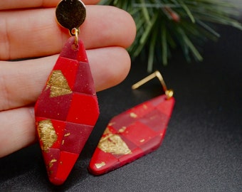 Red Checkered Dangle Earrings | Simple Holiday Collection | Red Polymer Clay Checkered Earrings with Stainless Steel Brass Colored Posts