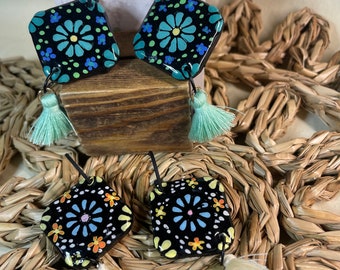 Mexican Embroidery Floral Polymer Clay Earrings | Blues or Blue and Yellow Floral Fall Earrings | Florida Fall Collection