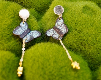 Blue Morpho Butterfly Dangle Earrings | Spring Collection | Dreamy Blue Morpho Butterfly with Dangly Brass Flowers and Gold Circle Posts