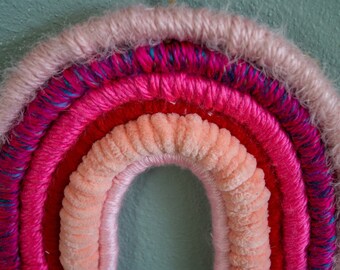 Barbie Pink Handmade Macrame Rainbow Wall Hanging | 10 inch Macrame Yarn Rainbow Wall Decor, Nursery Wall Art, Boho Rainbow Wall Art