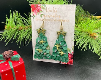 Polymer Clay Layered Christmas Tree with Stars and Ornaments | Traditional Holiday Collection| with CZ Hooks
