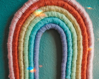 Pastel ROYGBIV Handmade Macrame Rainbow Wall Hanging | Macrame Yarn Rainbow Wall Decor, Nursery Wall Art, Boho Rainbow Wall Art