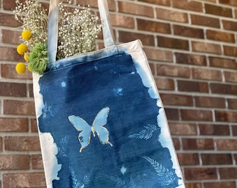Hand Printed Cyanotype Tote | Floral, Seaglass, Butterfly, & Wanderlust Cyanotype Tote Market Reusable Bags