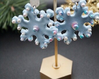 Blue Sparkle Pearl SnowFlakes Polymer Clay Earrings | Simple Holiday Collection| with Silver Stud Posts
