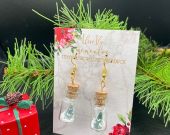 Christmas Tree in a Bottle Snow Globe Earrings | Traditional Holiday Collection| with Stainless Steel Gold Hooks