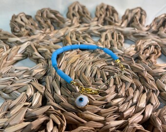 Blue Frosted Sea Glass with Evil Eye Glass Bead Stacker Bracelet | Florida Fall Collection | Boho Stacking Sea Glass Bracelet