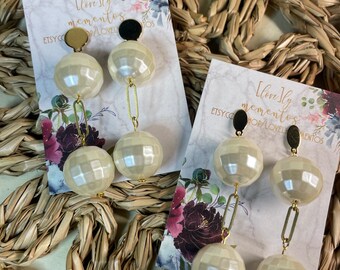 Disco Pearls with Brass Links Earrings with Gold Circle or Oval Post | Pearl Disco Boho Link Earrings | Florida Fall Collection