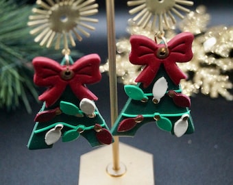 Painted LightBulb Christmas Trees Polymer Clay Earrings | Simple Holiday Collection| with Gold Sparkle Sun Posts