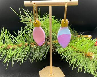 Purple Pink & Blue Polymer Clay Gold or Silver Light Bulb Earrings | Traditional Holiday Collection| with Stainless Steel Huggies