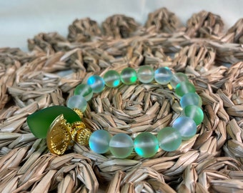Mermaid Glass and Seashell  Bracelet | Florida Fall Collection | Blue White Pink or Green Mermaid Bead Bracelet, Stacking Bracelets