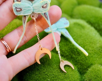 Luna Moth Dangle Earrings | Spring Collection | Dreamy Luna Moths with Dangly Brass Moons, and Gold Half Moon Posts