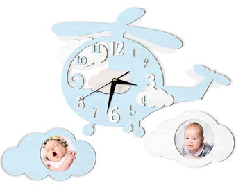 Clock Helicopter and photo frames, Wall clock for nursery