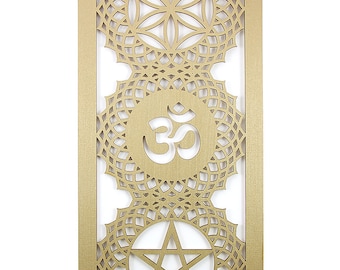 Picture with flower of life, OM and pentagram, Golden wall decoration
