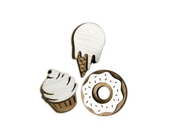 Set of 3 pcs wooden pins, Ice cream Donut and Muffin pins