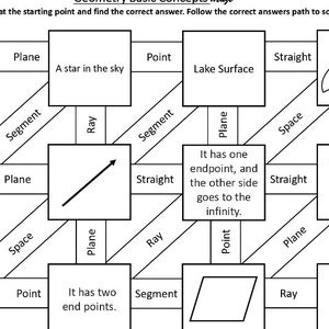 May include: A geometry maze with interconnected boxes and directional arrows. The maze includes terms like "point," "plane," and "segment." The starting point is marked "Starts" and the finish is labeled "FINISH."