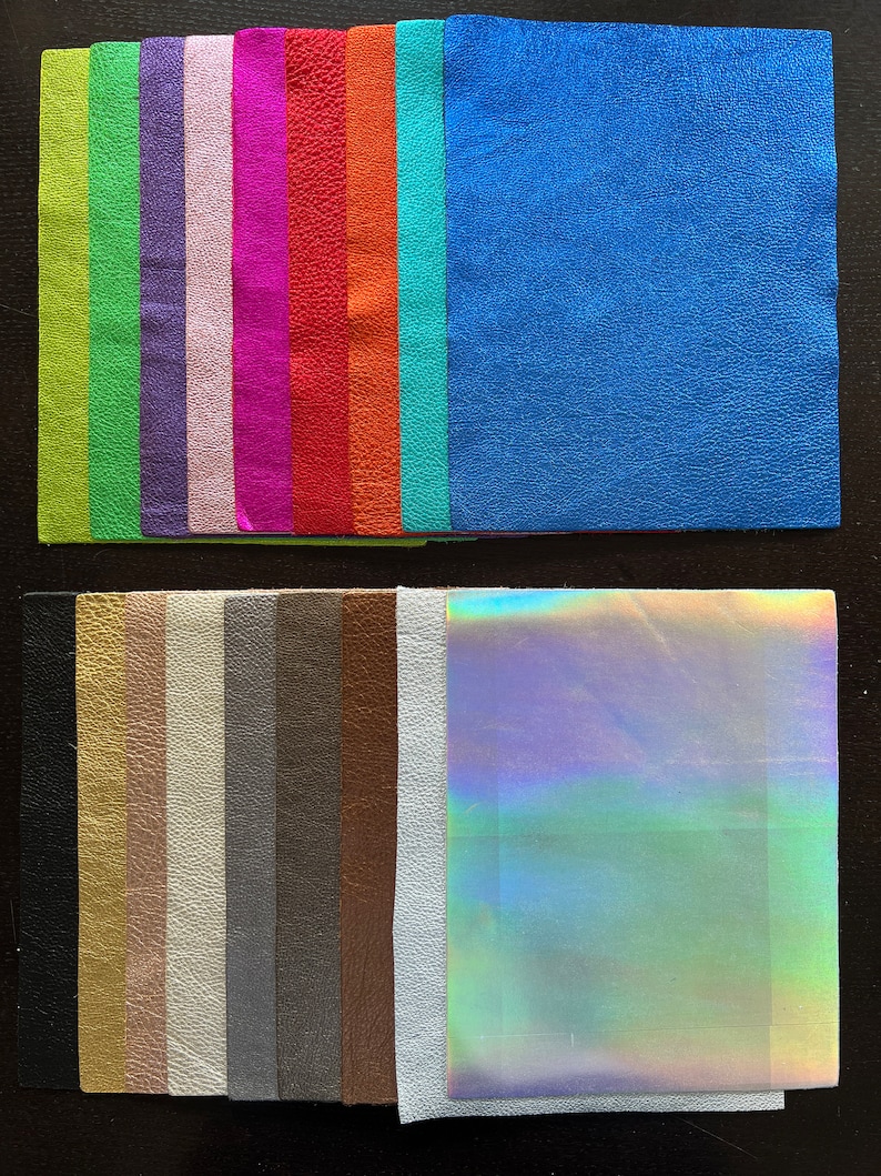 Our Loved Metallic Natural Grain Leathers available in 8.5" by 11" Pre Cut Panels

Black
Gold
Rose Gold
Platinum
Gunmetal
Pewter
Bronze
Silver
Silver Iridescent
Lime Green
Emerald Green
Purple
Pink
Hot Pink
Red
Orange
Turquoise
Royal Blue
