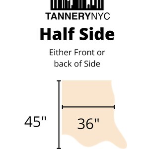 May include: Diagram showing the dimensions of a half side of leather. The leather is a light beige color. The dimensions are 45 inches by 36 inches. The text "TannerynYC" and "Half Side" are at the top of the image. The text "Either Front or back of Side" is below the dimensions.