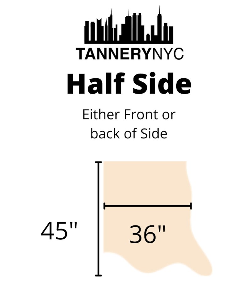 May include: Diagram showing the dimensions of a half side of leather. The leather is a light beige color. The dimensions are 45 inches by 36 inches. The text "TannerynYC" and "Half Side" are at the top of the image. The text "Either Front or back of Side" is below the dimensions.