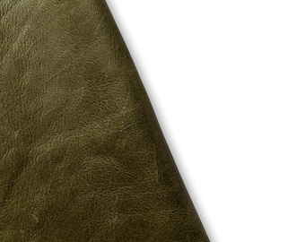 Olive Pull Up Distressed Cowhide Leather. Genuine cow leather ideal for DIY craft, Upholstery, leather crafting, Cut and sew leather goods