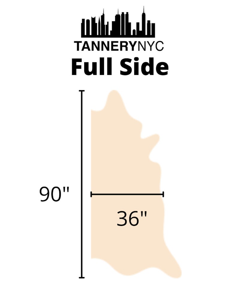 May include: Diagram of a full side of leather, measuring 36 inches wide and 90 inches long. The leather is a light beige color.