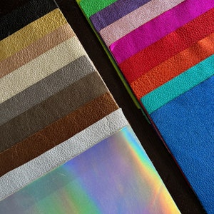 K&ouml;nnte beinhalten: Eine Sammlung von 14 verschiedenen Lederproben in verschiedenen Farben, darunter Schwarz, Gold, Beige, Wei&szlig;, Grau, Braun, T&uuml;rkis, Blau, Orange, Rot, Rosa, Lila, Gr&uuml;n und Limettengr&uuml;n. Die Proben sind in zwei Reihen angeordnet, wobei die obere Reihe die helleren Farben und die untere Reihe die dunkleren Farben enth&auml;lt. Ein St&uuml;ck irisierendes holografisches Vinyl ist ebenfalls im Bild enthalten.